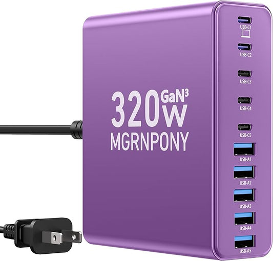 320W USB C Charger Block, 10-Port USB C Charging Station GaN III PD 65W Laptop Fast Charger Adapter for MacBook Pro/Air, DELL, iPad, iPhone, Samsung Galaxy (Purple)-DeskLoop Office