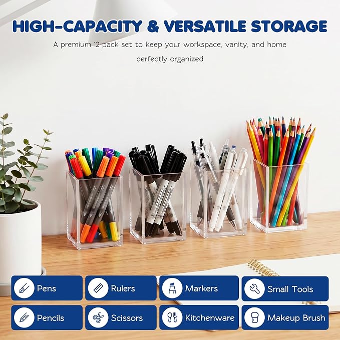 Acrylic Pen Holder 12 Pack, Makeup Brush Holder, Acrylic Pencil Organizer - Image 4