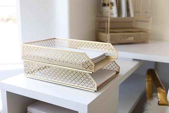 BLU MONACO | Paper Tray Stackable Gold Set of 2 | Stackable File Trays - Image 4