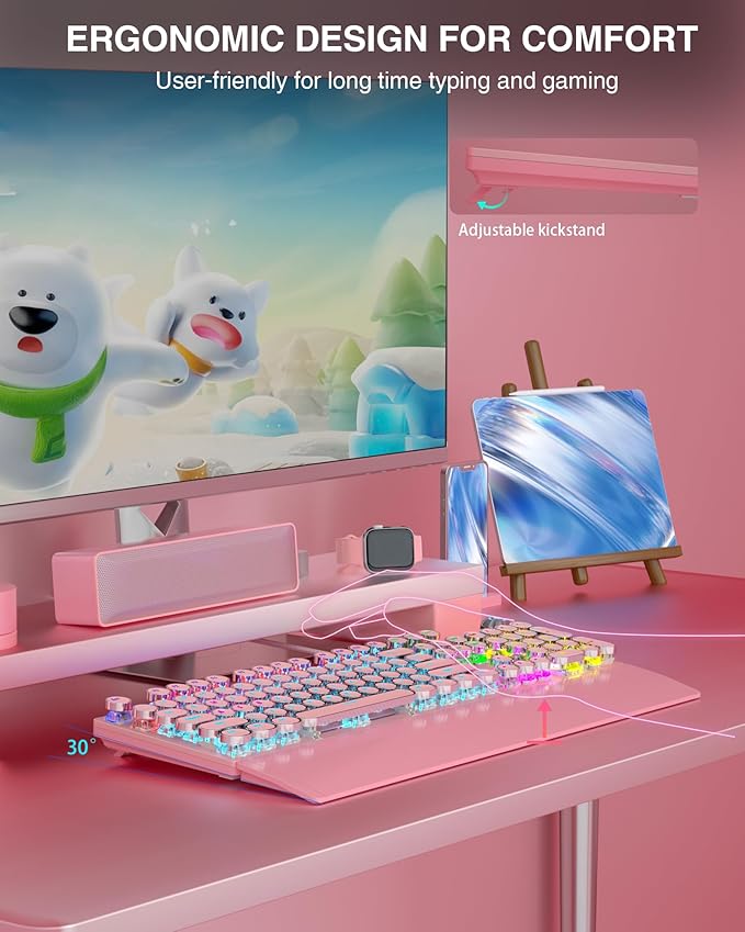 AULA F2088 Typewriter Style Mechanical Gaming Keyboard,Rainbow LED Backlit,Removable Wrist Rest,Media Control Knob,Retro Punk Round Keycaps,USB Wired Computer Keyboard,Pink-DeskLoop Office