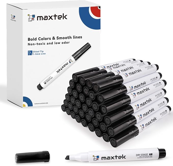 maxtek Low Odor Dry Erase Markers Chisel Tip, 40 Bulk Black Whiteboard Markers by Maxtek