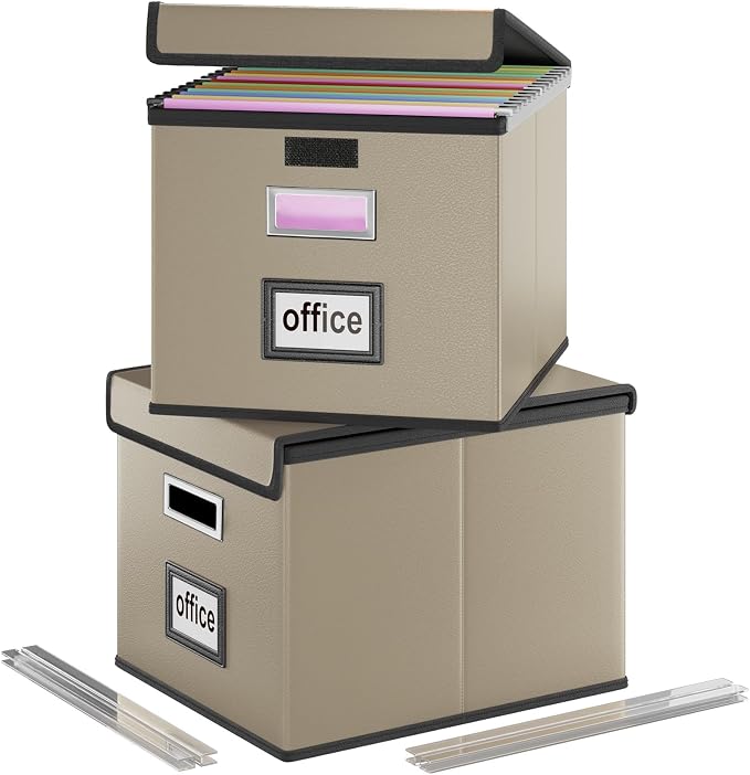 File Organizer Boxes with Lids, Collapsible Faux Leather Hanging File Folder by Huolewa
