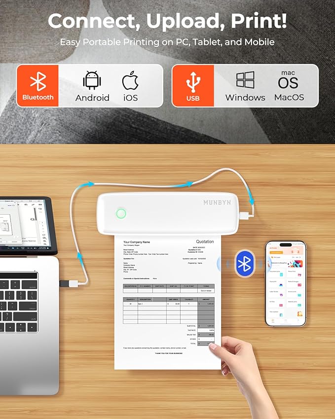 MUNBYN Portable Printers Wireless for Travel ITP04, Inkless Printer, Thermal Bluetooth Printer, Support 8.5x11&A4 Thermal Paper, Compatible with Android and iOS Phone & Laptop, Small Printers (White)-DeskLoop Office