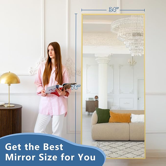 Full Length Mirror with Stand 76"x34" Extra Large Gold Floor Mirror, Rectangle Standing Mirror for Living Room Bedroom Cloakroom Gym, Thin Aluminum Frame, Tempered Glass-DeskLoop Office