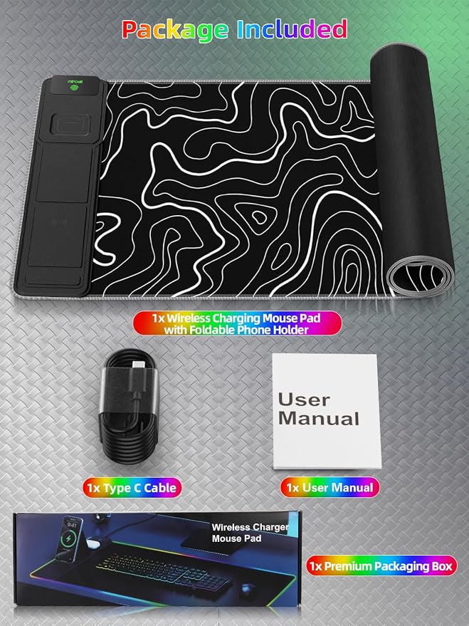 Mouse Pad with Foldable Phone Holder & Wireless Charger, XXL RGB Gaming - Image 9