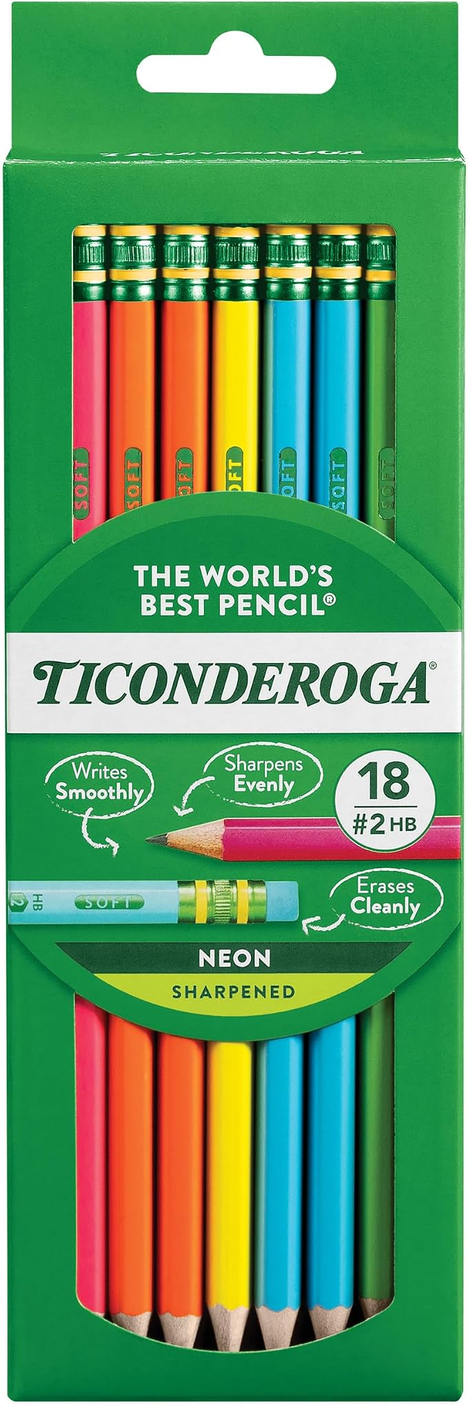 Ticonderoga Wood-Cased Pencils, Pre-Sharpened, #2 HB Soft, Neon Colors by Ticonderoga