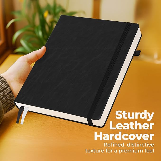 Thick Lined Journal Notebook 8.5x11" with Big A4 Hardcover Leather - Black - 300 Pages College Ruled Large with Sticky Tabs, Pockets, & Pen Loop for Writing and Journaling - Hard Cover Fancy Notebook-DeskLoop Office