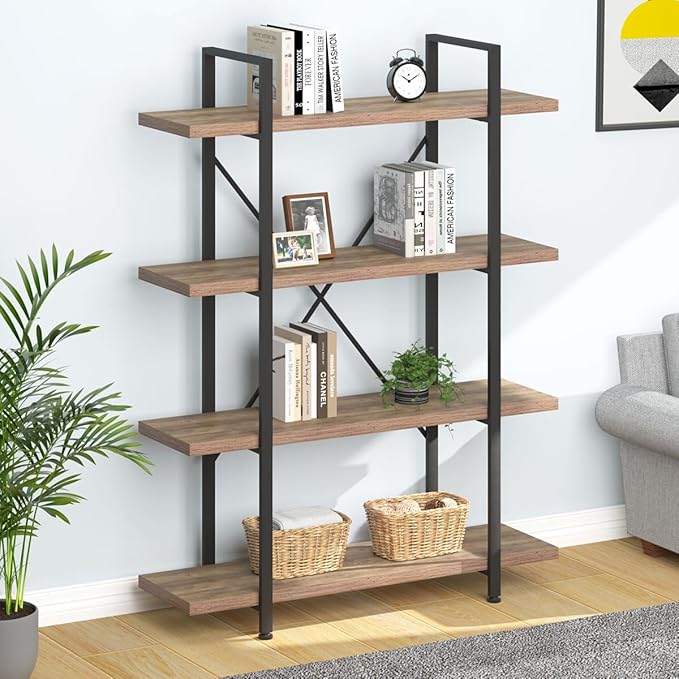 HSH Industrial 4 Tier Bookshelf, Modern Metal and Wood 4 Shelf Bookcase Etagere, Farmhouse Open Wide Display Storage Bookshelves and Bookcases Heavy Duty for Bedroom Living Room Office, Rustic Oak-DeskLoop Office