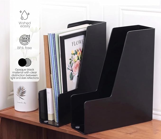 LALOBLUE 4 Pack Black Vertical Magazine File Holder Desk Organizer Bins | - Image 4