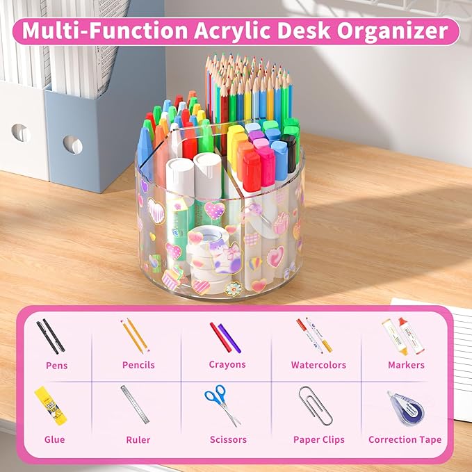 Acrylic Pencil Organizer for Desk 4 Compartments with Adhesive DIY Sticker, Rotating Art Supply Organizer with Kawaii Sticker Kids, Spinning Round Marker Organizer Small Supply Organizers Caddy-DeskLoop Office