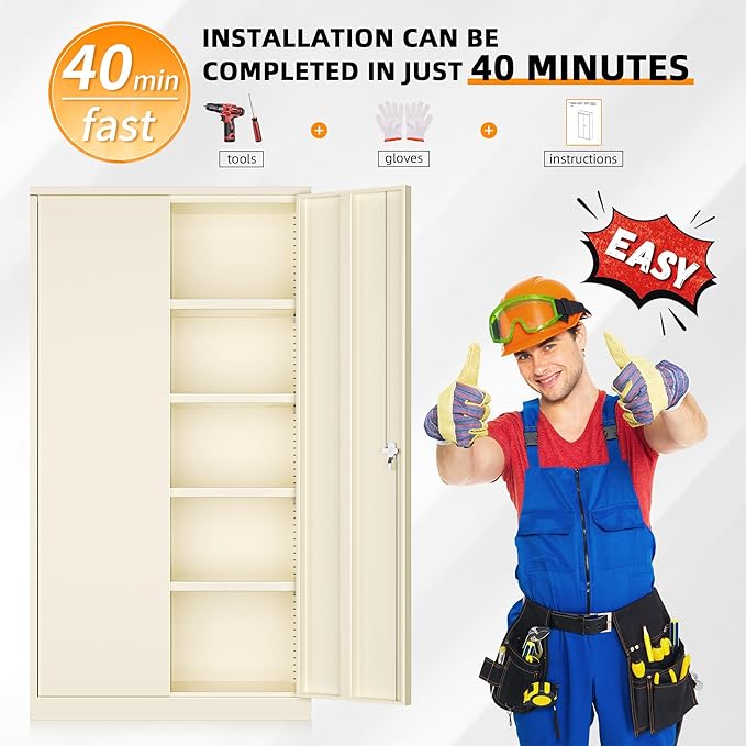 INTERGREAT Tall Metal Storage Cabinet Locking Steel with 4 Adjustable Shelves,72" Lockable Cabinets Lock 2 Doors for Office Garage Supply Home (Cream Grey)-DeskLoop Office