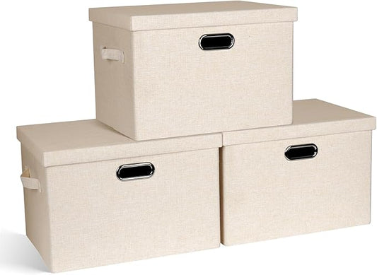 Large 17" 36 Quart Collapsible Stackable Storage Bins with Lids, 3 Packs Light Orange Linen Fabric Closet Boxes with Lids, Storage Cube Baskets Container Organizers for Office (17x12x11)-DeskLoop Office