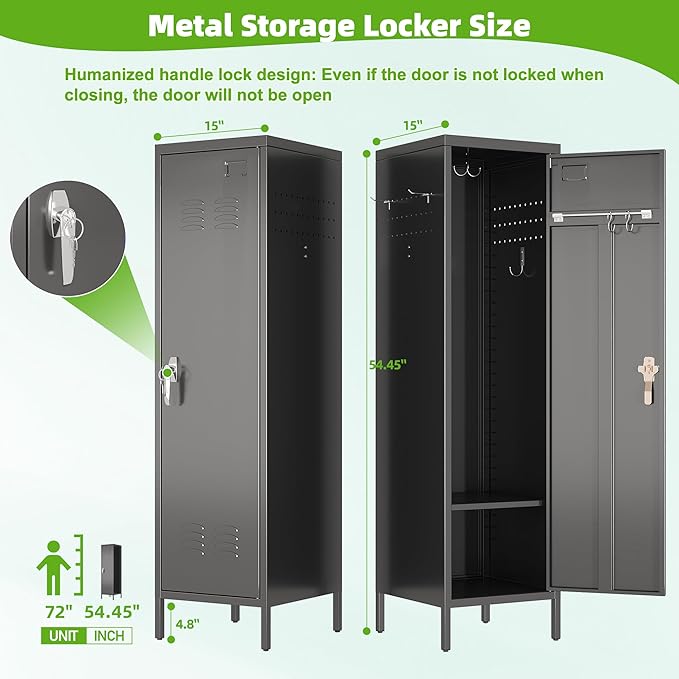 Aobabo Metal Storage Locker with Handle Lock, 54" H Steel Locker with Metal Hooks and Adjustable Shelf for School, Home, Office, Playroom, Assembly Required, Black-DeskLoop Office