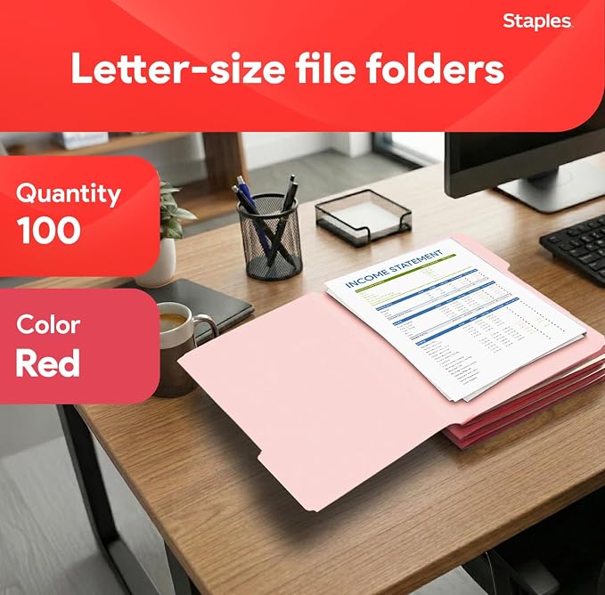 Staples File Folders, Letter Size, 1/3‑Cut Tabs, Durable 10.5‑Point Paper Stock - Image 2