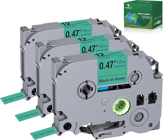 3-Pack TZe-731 Green TZe TZ Tape Compatible with Brother P Touch Label Maker Tape TZ-731 TZe731 TZ731 Label Tape 12mm 0.47 Laminated Black on Green for PTD210 PTD600 PTH110 PT1230 Cube