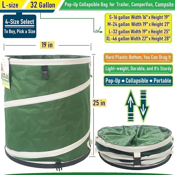 32-Gallon Collapsible Trash Can (19x25 in) Hard-Shell Bottom Yard Garden Bag for Pop-Up Recycling Bin,Yard Waste,Debris bag,Laundry Hamper,RV Camping Waste Bin,Lawn Grass,Leaf Bag,Sods,Weeds Barrel-DeskLoop Office