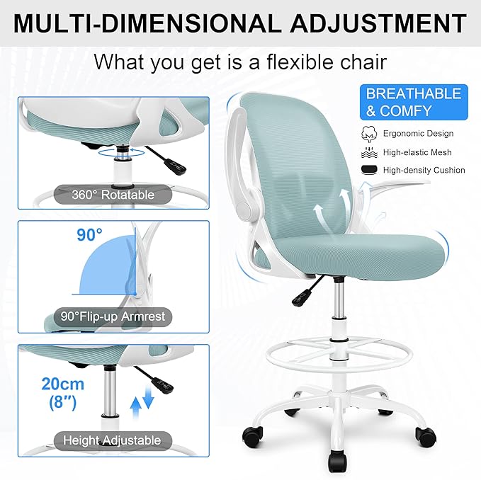 Primy Drafting Chair Tall Office Chair with Flip-up Armrests Executive Ergonomic Computer Standing Desk Chair with Lumbar Support and Adjustable Footrest Ring（Light Blue）-DeskLoop Office