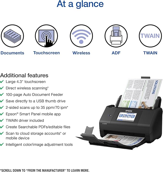 Epson Workforce ES-580W Wireless Color Duplex Desktop Document Scanner for PC and Mac with 100-sheet Auto Document Feeder (ADF) and Intuitive 4.3" Touchscreen-DeskLoop Office
