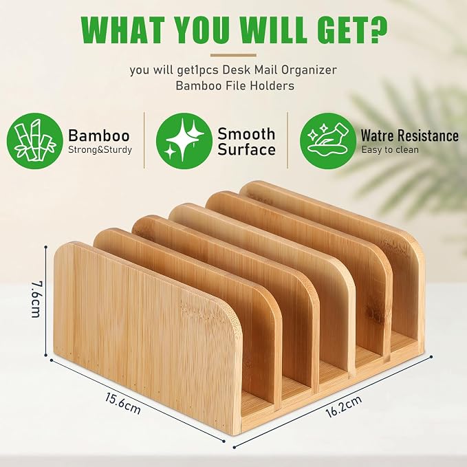 Lineshading Bamboo Letter Organizer, 5 Compartments Desk Mail Organizer - Image 5