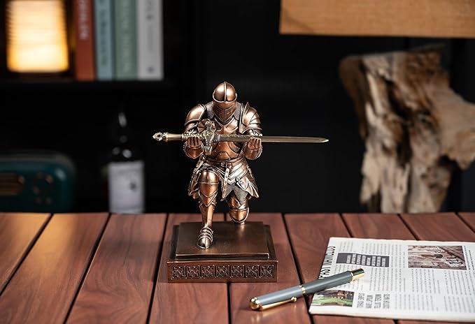 Medieval Armored Warrior Knight Pen Holder Desk Organizers and Accessories Resin Pencil Holder Paperweight as Gift with a Cool Letter Opener for Desk (Copper)-DeskLoop Office