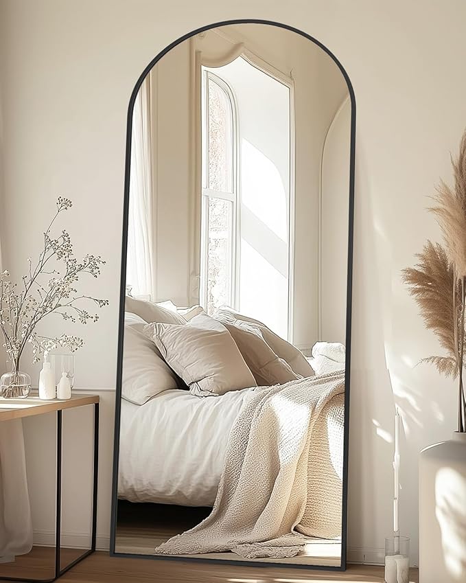 Full-Length Floor Mirror with Stand, 58"x18" Arched Style Full Body Standing Mirror for Bedroom, Living Room, Gym, Dorm - Shatter-Resistant & Easy Assembly, Black-DeskLoop Office