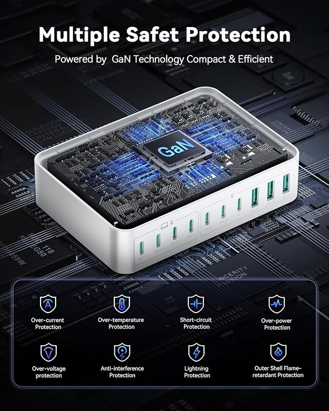 480W USB C Charger Block, Rocoren 10-Ports USB C Charging Station for Multiple Devices,PD 100W Type c Gan Fast Charger Station Multi USBC Charging Hub for Laptop MacBook HP iPad iPhone Samsung-DeskLoop Office