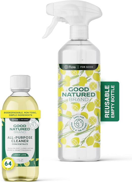 Good Natured Brand All-Purpose Cleaner Concentrate + 16 oz Bottle | Multi-Surface Cleaner | Natural Lemon Essential Oil | Multipurpose Cleaner All Surfaces | Lemon Love | 4oz makes 64oz-DeskLoop Office