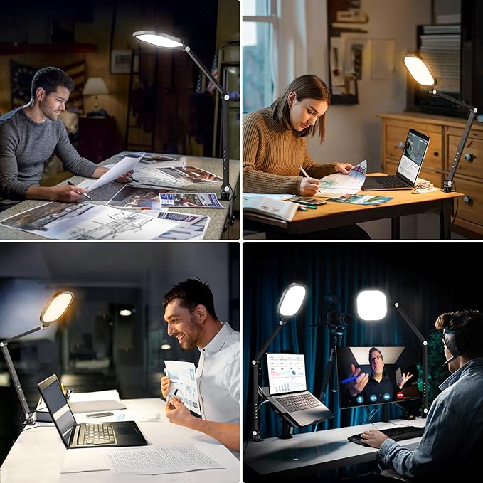 2 Packs Led Desk Lamps for Home Office, 1200LM Dimmable Clamp-on Desktop Light, Adjustable Swing Arm Ring Light with Stand, Memory & Timer Function, Eye-Caring Design-DeskLoop Office