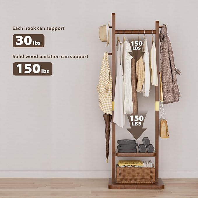 Solid Wood Coat Rack, Coat Rack Freestanding with 2 Shelves and 5 Hooks, Heavy Duty Coat Tree for Entryway，Living room，Coat Hanger Stand for Hats, Bags (Walnut Brown)-DeskLoop Office