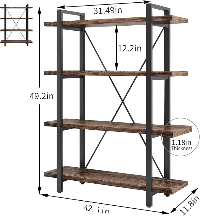 4 Tier Bookshelf Solid Wood Bookcase and Book Shelves Wood and Metal Shelving Rustic Open Bookshelf Office,Distressed Brown (AY-02-4Tier)-DeskLoop Office