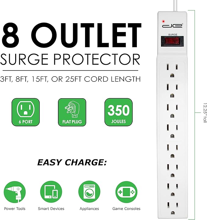 Digital Energy 8 Outlet Surge Protector Power Strip - 15 AMP, 1875 W, 125 V, 350 J Surge Protection, ETL Listed - Flat Plug, White, 8 FT-DeskLoop Office