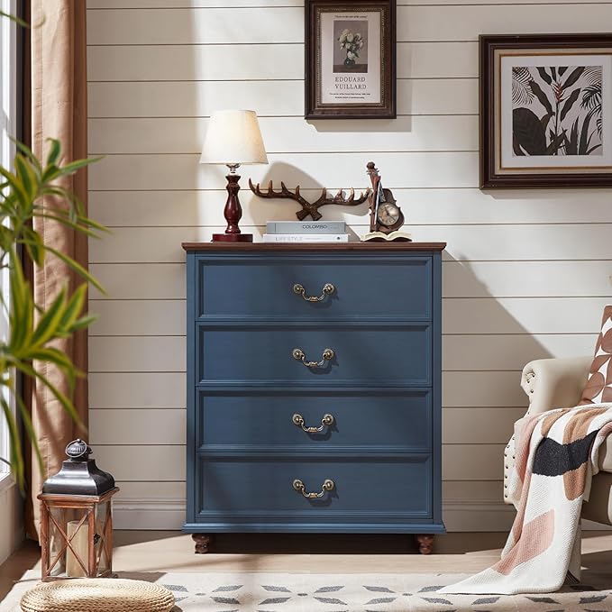 Farmhouse 4 Drawer Dresser Set of 2 for Bedroom, 37" Tall Rustic Chests of Drawers w/ 4 Solid Wood Feet, Mid Century Vintage Wooden Closet Storage Dressers Organizer for Living Room, Navy Blue-DeskLoop Office