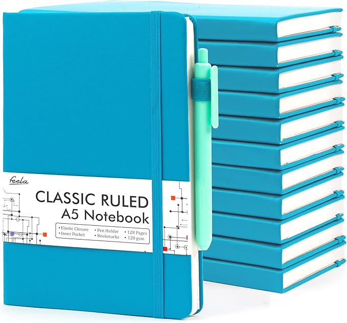 feela 12 Pack Notebooks Journals Bulk, Hardcover Notebook Classic Ruled Journal Set with Pen Holder for School Business Work Travel Writing, with 12 Black Pens, 120 GSM, 5.1”x8.3”, A5, Teal-DeskLoop Office