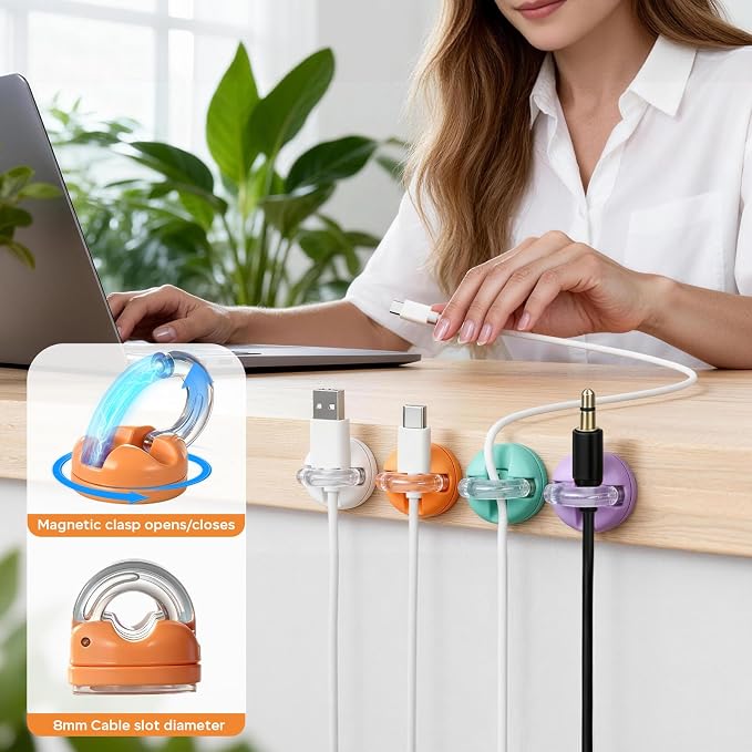8 Pack 360° Rotatable Magnetic Cable Clips, Adhesive Cord Holder Organizer - Image 3