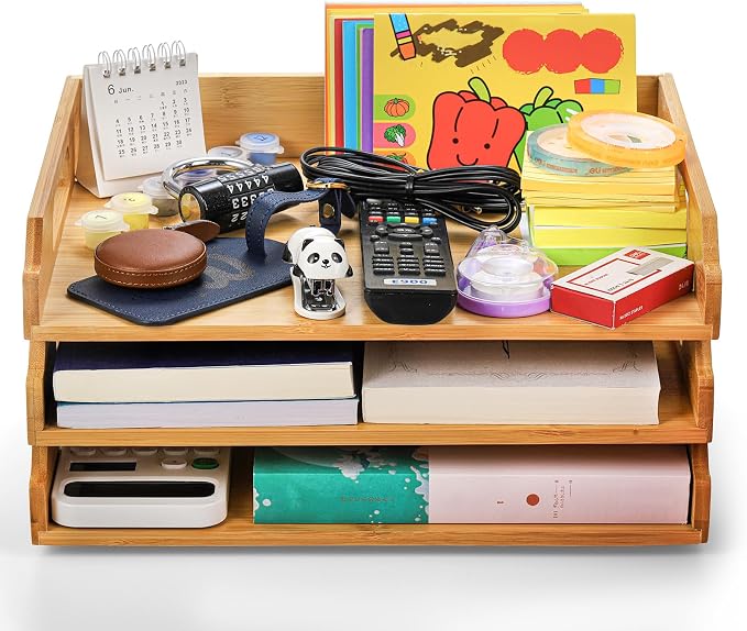 Okllen 3 Pack Stackable Paper Trays, Bamboo Desk Letter Tray Set, 3 Tier File - Image 5