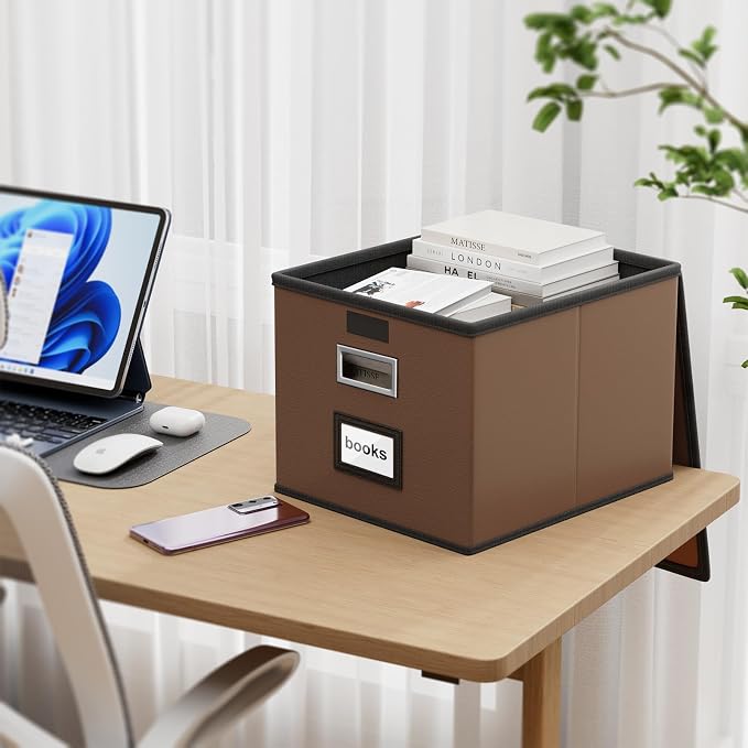 File Organizer Boxes with Lids, Collapsible Faux Leather Hanging File Folder - Image 3