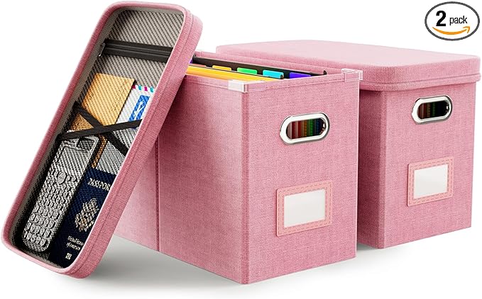 Oterri File Organizer With Lid, Hanging Filing Box With Mesh Pocket, Document Organizer for Letter Files, Portable Storage With Smooth Sliding Rail for Office & Home (2 PCS, Pink)-DeskLoop Office