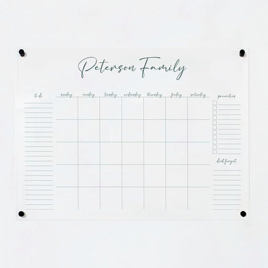 Personalized Clear Acrylic Calendar for Wall, Calendar Whiteboard for Wall, Dry Erase Wall Calendar, Wall Calendar Organizer System for Home (Cursive, Jade, 31"W x 23"H)
