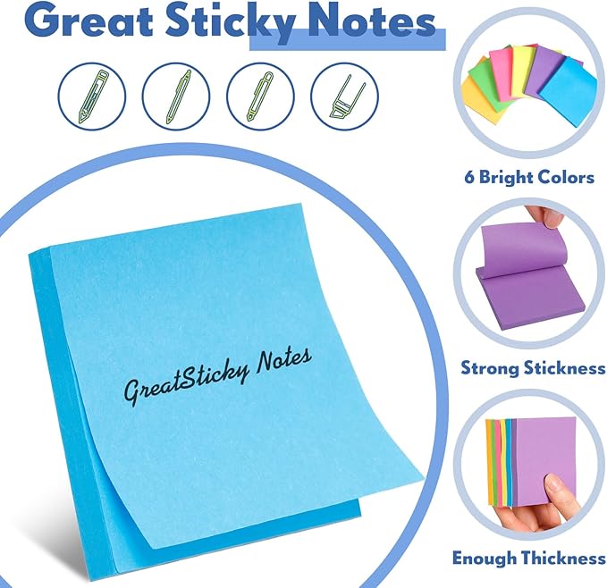 Leinuosen 102 Pack Sticky Notes 3 x 3 Inches Cute Sticky Notes Bright Colors Self Stick Pads Memo Easy to Post for Home Desk Office Notebook, Message Reminder, Stationary Supplies Office Supplies-DeskLoop Office