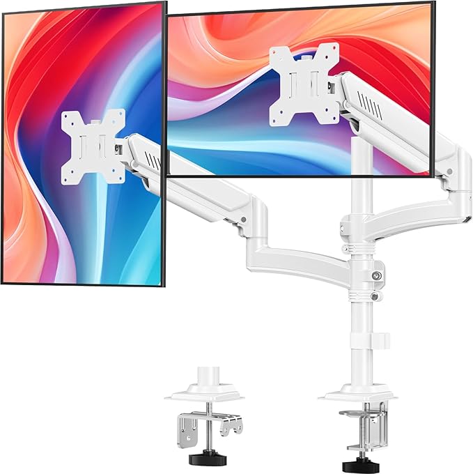 Dual Monitor Stand for Desk, Taller Monitor Arms for 2 Screens up to 32 inch, Ergonomic Adjustable Gas Spring Double Computer Monitor Mount, Holds 4.4-22lbs, VESA 75/100mm, White, Freelift-DeskLoop Office