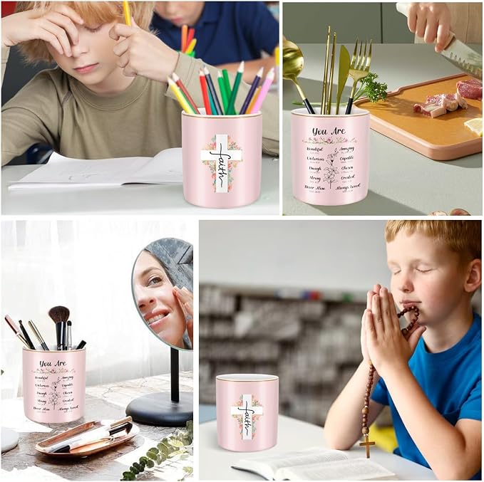 Ceramic Pen Holder for Desk Cute, Pencil Holder Cup, Makeup Brush Holder Pink - Image 4