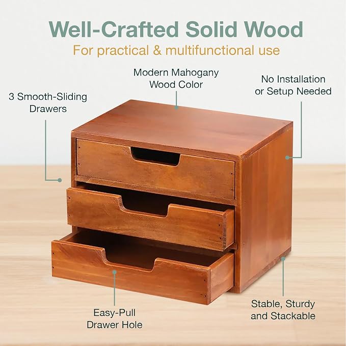 Triple Drawer Desktop Storage Organizer in Modern Wood Design 3-Drawer - Image 4