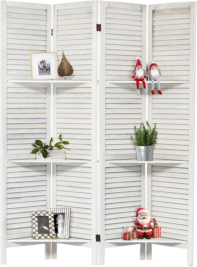 NicBex 4 Panel Room Divider,5.6FT Wood Carved Room Dividers with Display Shelves Folding Privacy Screens Portable Freestanding Partition Wall Dividers for Room Separation,Home Bedroom Office,White-DeskLoop Office