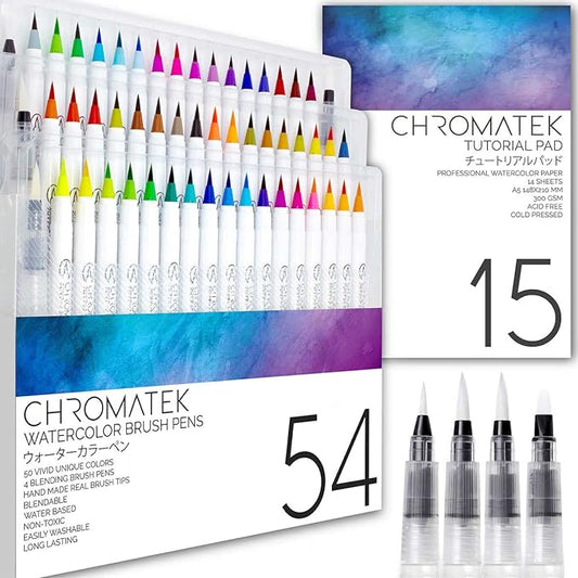 CHROMATEK 54 Watercolor Pens Set | Including 15 Page Pad & Online Video Tutorial Series | 4 Aquapens & 50 Unique Colors | Real Brush Pens | Easily Blendable, Vivid, Smooth | Professional Art Supplies-DeskLoop Office