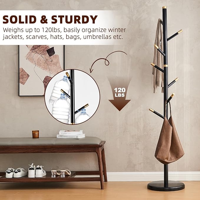 Uniclinens Coat Rack Freestanding Solid Wood Coat Tree Standing with 7 Hooks, Coat Rack Stand Creative Tree Branch-look (Black)-DeskLoop Office