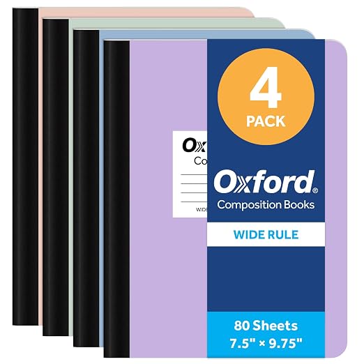 Oxford Composition Notebooks, 4 Pack, Wide Ruled, 7.5 x 9.75 Inches, 80 Sheets by Unknown