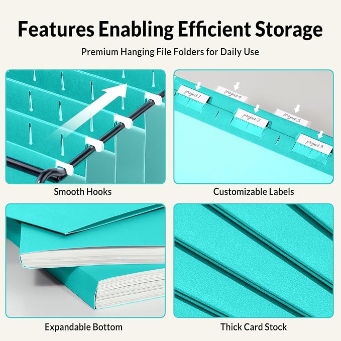 SUNEE Hanging File Folders Teal, 25 Pack Letter Size File Folders - Image 3