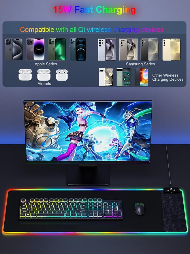 Mouse Pad with Wireless Charging, Large Desk Mat RGB Gaming Mousepad, 10 Light - Image 3