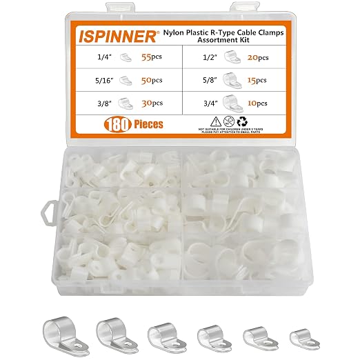 ISPINNER 180pcs Nylon Plastic R-Type Cable Clamps, 1/4" 5/16" 3/8" 1/2" 5/8" by ISPINNER