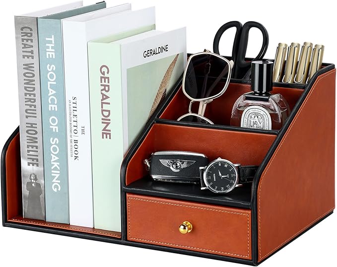 KINGFOM PU Leather Desk Organizer, Multifunction 6 Compartment Desk Organizers and Accessories for Office Supplies, Pen Pencil Holder/Book Mail Organizer Holder for Desk with Drawer (Brown)-DeskLoop Office